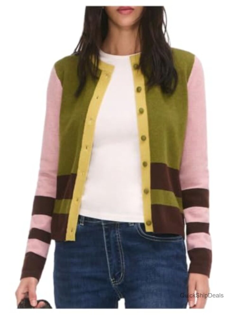 Women's Color Block Cardigan Button Knit Top Long Sleeve Crew Neck Sweater